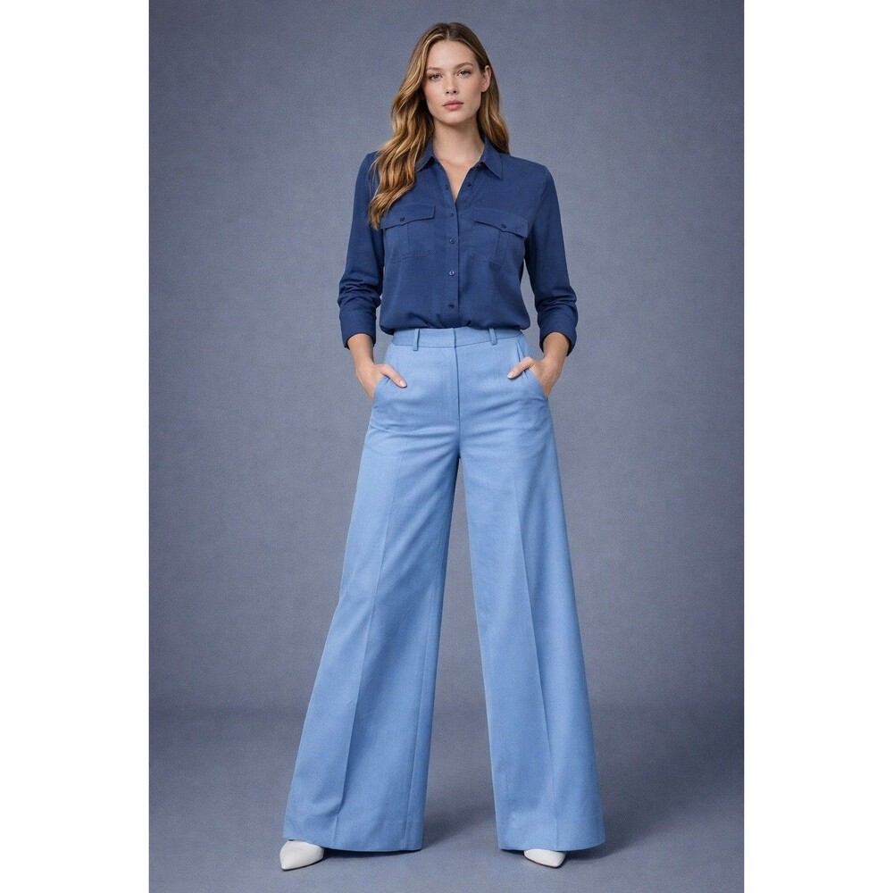 100% Silk Crepe Blouse Blue Button Front Women Size L Matte Lightweight - Picture 6 of 12
